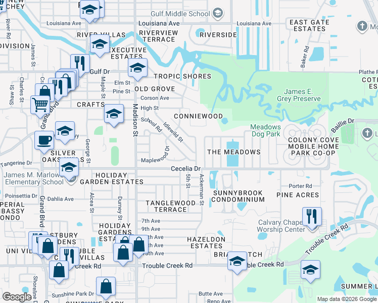 map of restaurants, bars, coffee shops, grocery stores, and more near 5048 School Road in New Port Richey