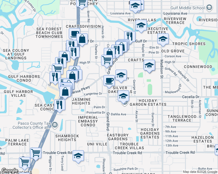 map of restaurants, bars, coffee shops, grocery stores, and more near 5051 Grand Boulevard in New Port Richey