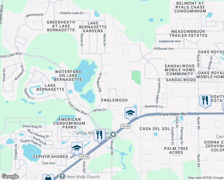 map of restaurants, bars, coffee shops, grocery stores, and more near 5235 New Brittany Lane in Zephyrhills