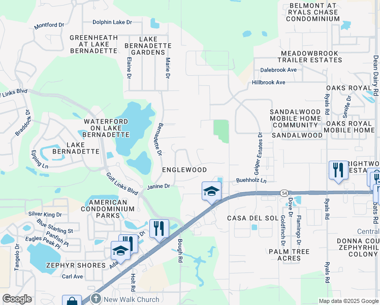 map of restaurants, bars, coffee shops, grocery stores, and more near 5211 Pond View Court in Zephyrhills