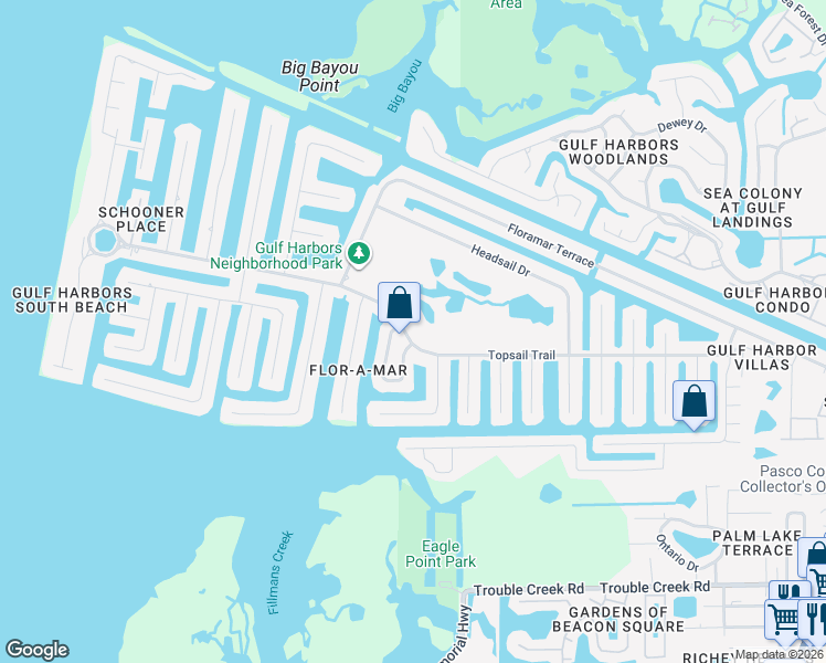 map of restaurants, bars, coffee shops, grocery stores, and more near 3848 Topsail Trail in Port Richey