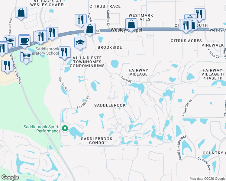 map of restaurants, bars, coffee shops, grocery stores, and more near 5224 Saddlebrook Way in Wesley Chapel