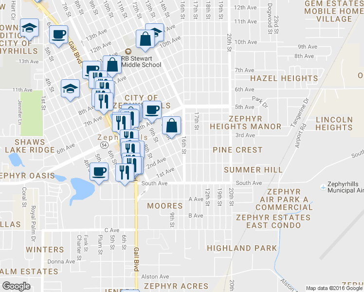 map of restaurants, bars, coffee shops, grocery stores, and more near 5153 16th Street in Zephyrhills