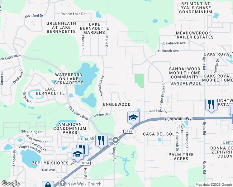 map of restaurants, bars, coffee shops, grocery stores, and more near 5235 New Brittany Lane in Zephyrhills
