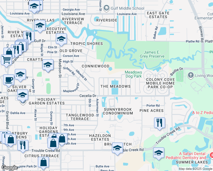 map of restaurants, bars, coffee shops, grocery stores, and more near 5051 Brookside Lane in New Port Richey