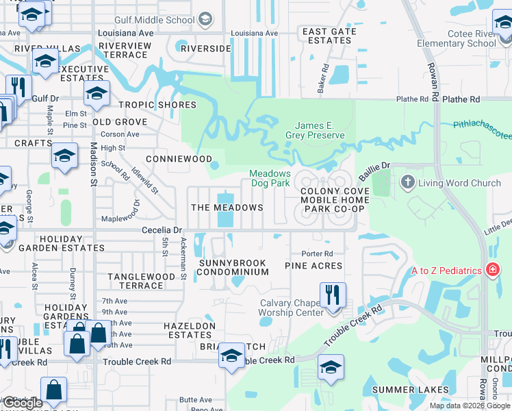map of restaurants, bars, coffee shops, grocery stores, and more near 5048 Muriel Lane in New Port Richey