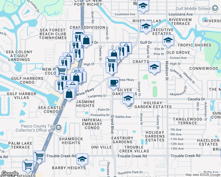 map of restaurants, bars, coffee shops, grocery stores, and more near 5051 Grand Boulevard in New Port Richey
