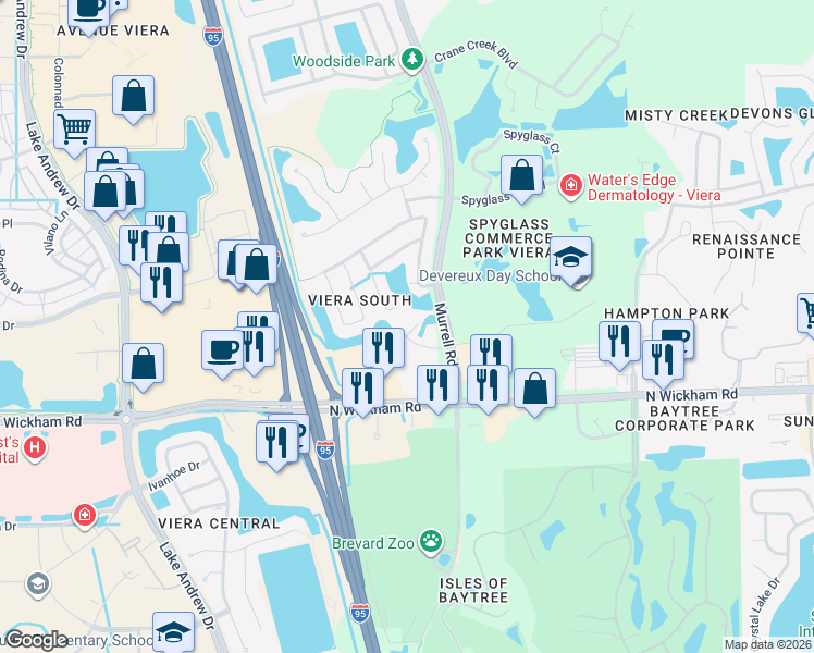 map of restaurants, bars, coffee shops, grocery stores, and more near 8240 Devereux Drive in Melbourne