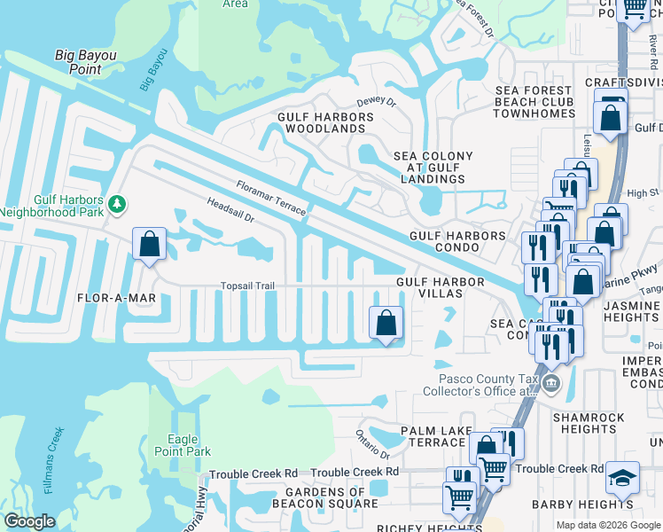 map of restaurants, bars, coffee shops, grocery stores, and more near 5100 Bonito Drive in New Port Richey