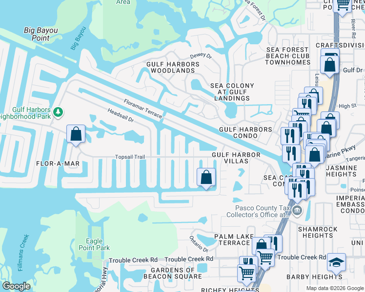map of restaurants, bars, coffee shops, grocery stores, and more near 5100 Bonito Drive in New Port Richey