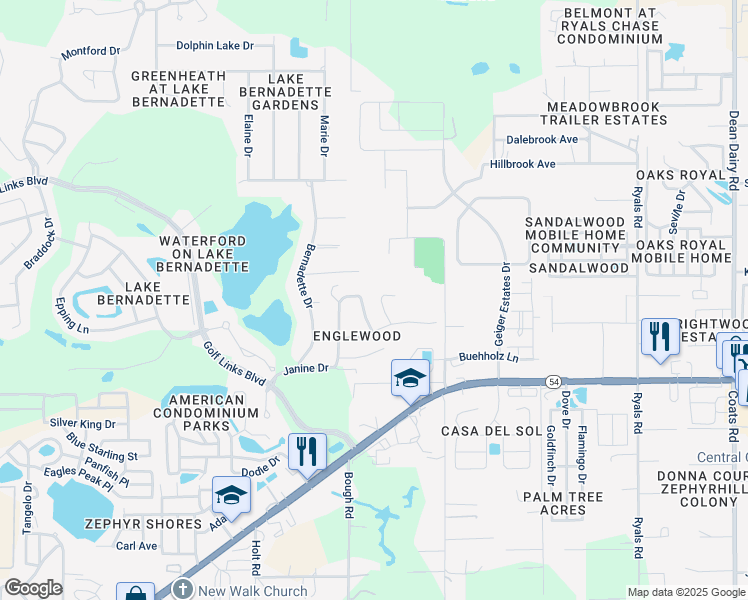 map of restaurants, bars, coffee shops, grocery stores, and more near 5211 Pond View Court in Zephyrhills