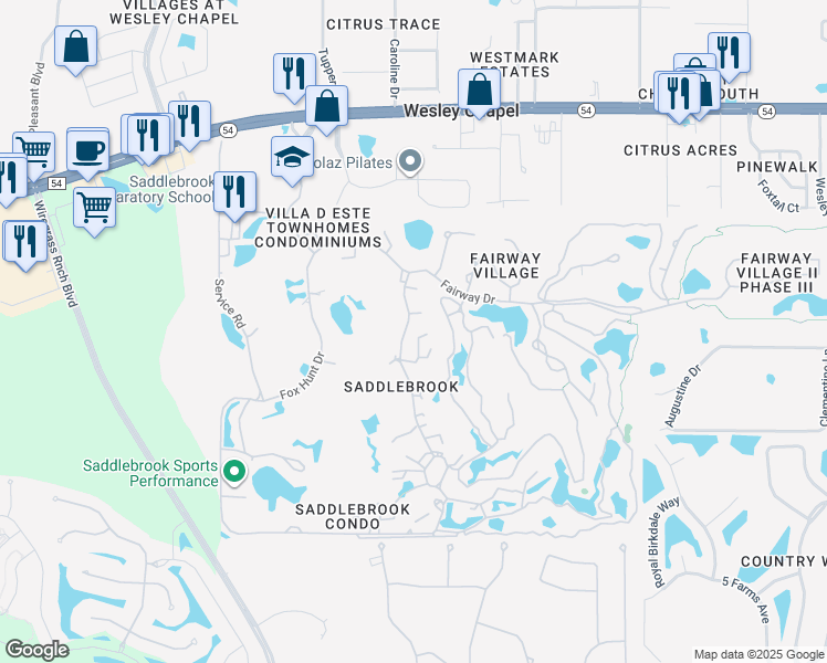 map of restaurants, bars, coffee shops, grocery stores, and more near 5224 Saddlebrook Way in Zephyrhills