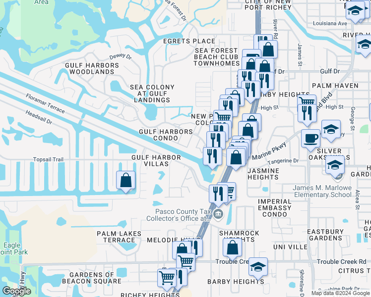 map of restaurants, bars, coffee shops, grocery stores, and more near 4886 Jasper Drive in New Port Richey