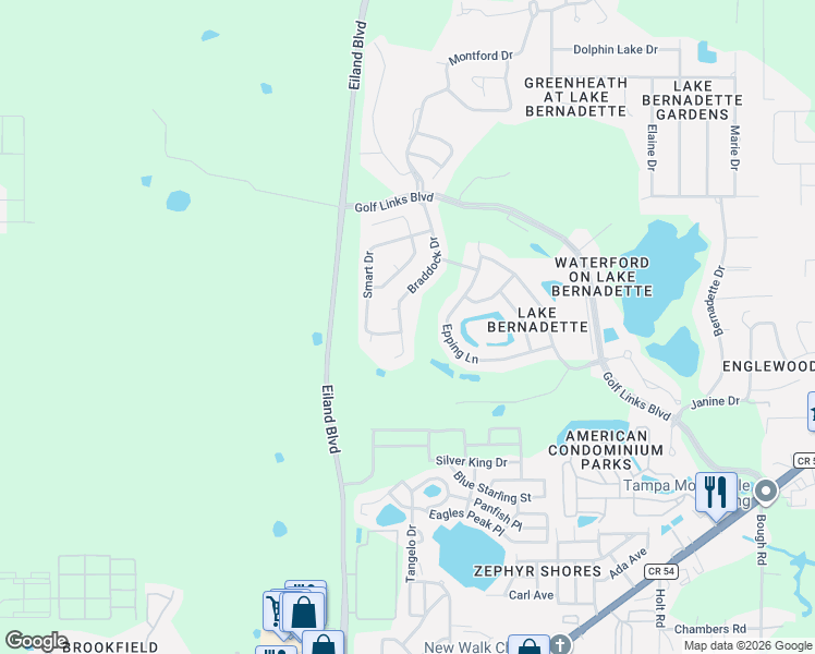 map of restaurants, bars, coffee shops, grocery stores, and more near 5328 Braddock Drive in Zephyrhills