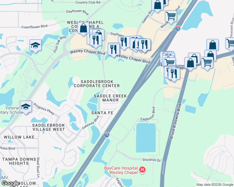 map of restaurants, bars, coffee shops, grocery stores, and more near 27637 Pleasure Ride Loop in Wesley Chapel
