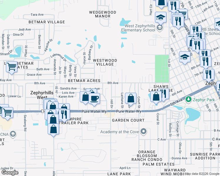 map of restaurants, bars, coffee shops, grocery stores, and more near 5201 Hill Drive in Zephyrhills