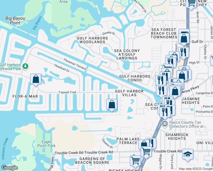 map of restaurants, bars, coffee shops, grocery stores, and more near 5052 Pelican Drive in New Port Richey