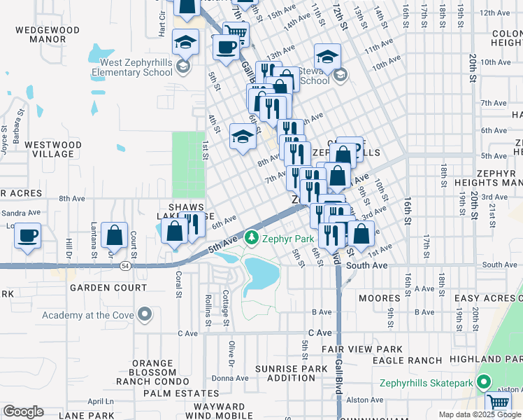 map of restaurants, bars, coffee shops, grocery stores, and more near 5154 4th Street in Zephyrhills