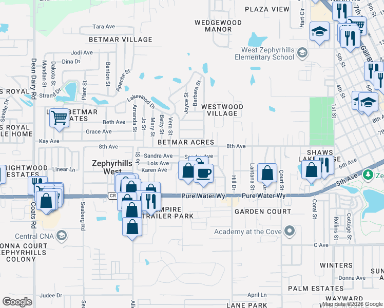 map of restaurants, bars, coffee shops, grocery stores, and more near 37247 Sandra Avenue in Zephyrhills