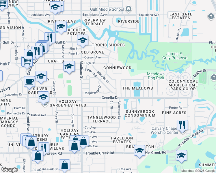 map of restaurants, bars, coffee shops, grocery stores, and more near 5048 School Road in New Port Richey