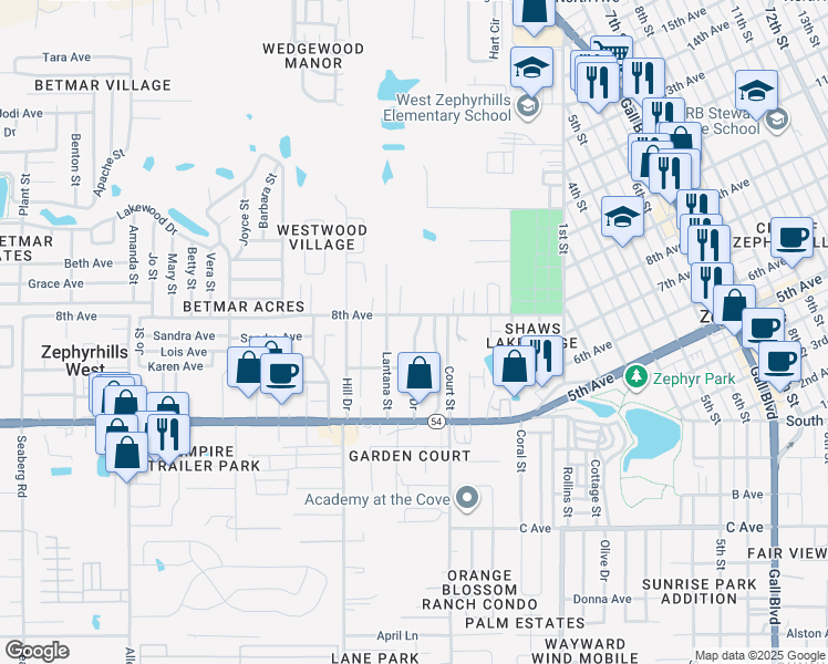 map of restaurants, bars, coffee shops, grocery stores, and more near 5155 Studio Drive in Zephyrhills