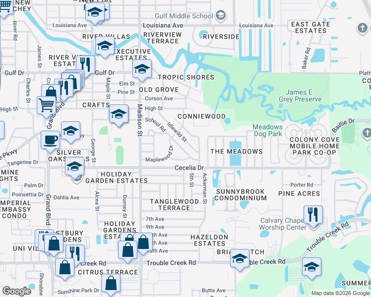 map of restaurants, bars, coffee shops, grocery stores, and more near 5054 School Road in New Port Richey