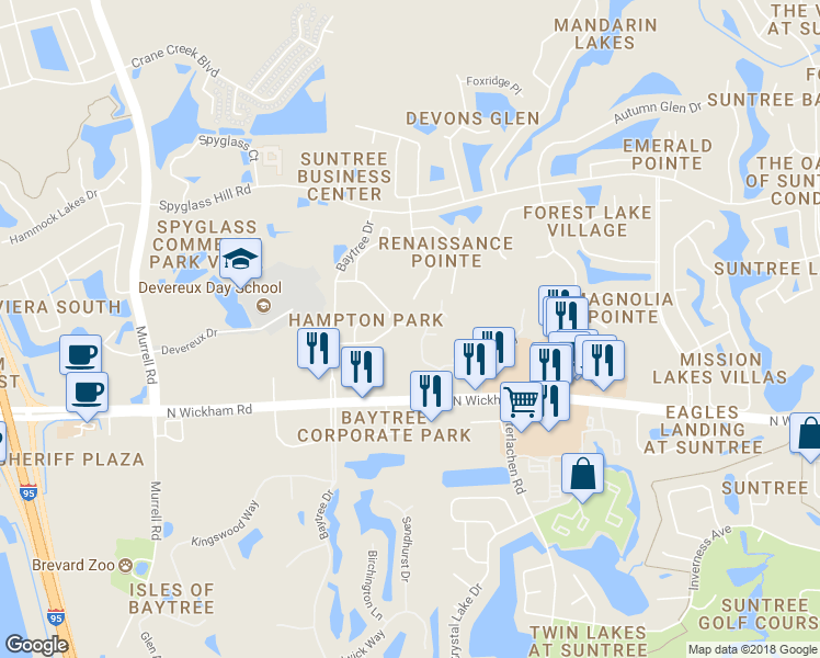 map of restaurants, bars, coffee shops, grocery stores, and more near 1313 Hampton Park Lane in Melbourne