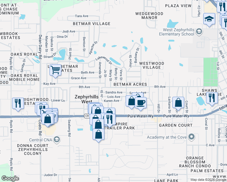 map of restaurants, bars, coffee shops, grocery stores, and more near 37105 Sandra Avenue in Zephyrhills