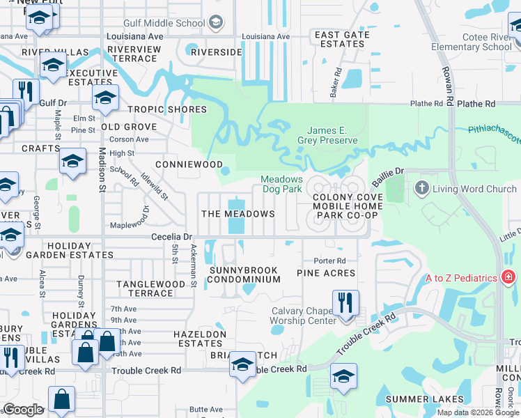 map of restaurants, bars, coffee shops, grocery stores, and more near 5103 Muriel Lane in New Port Richey