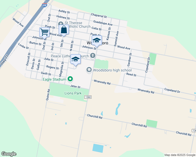map of restaurants, bars, coffee shops, grocery stores, and more near 109 Wranosky Road in Woodsboro