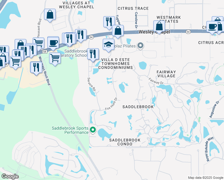 map of restaurants, bars, coffee shops, grocery stores, and more near 5225 Foxhunt Drive in Zephyrhills