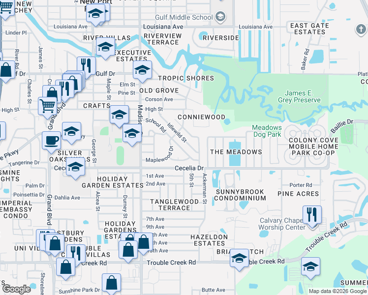 map of restaurants, bars, coffee shops, grocery stores, and more near 5048 School Road in New Port Richey