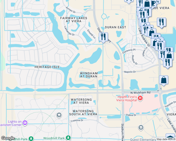 map of restaurants, bars, coffee shops, grocery stores, and more near 2868 Wyndham Way in Melbourne
