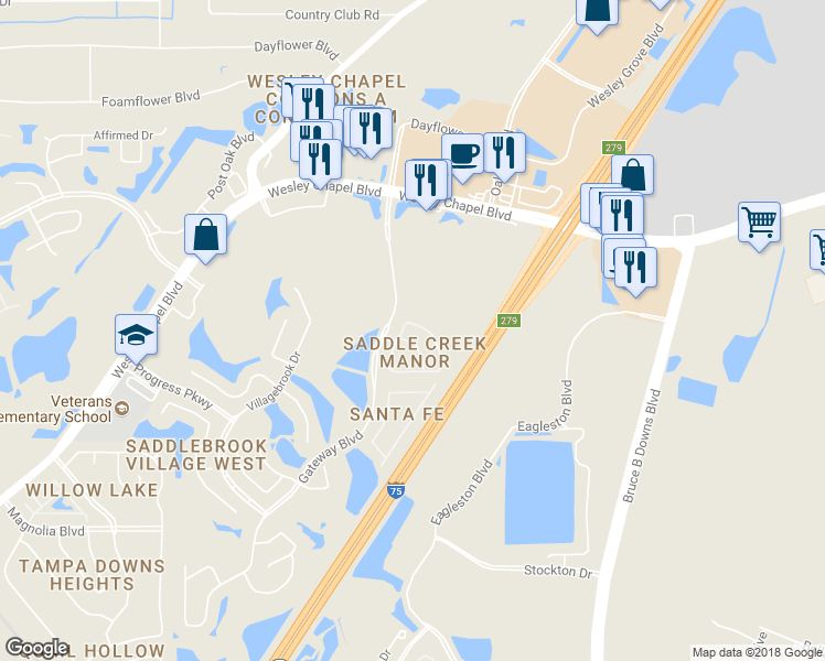 map of restaurants, bars, coffee shops, grocery stores, and more near 27552 Pleasure Ride Loop in Wesley Chapel