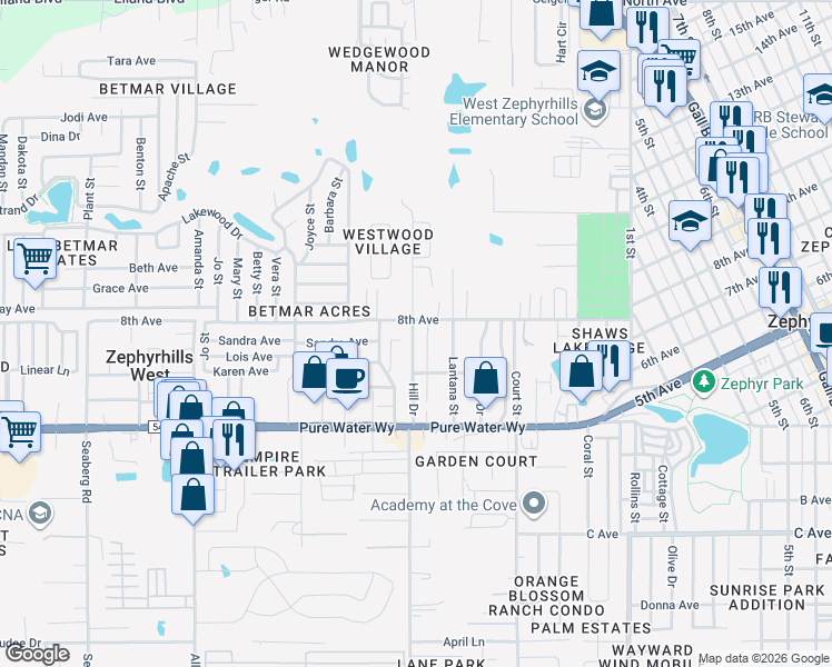 map of restaurants, bars, coffee shops, grocery stores, and more near 5201 Hill Drive in Zephyrhills