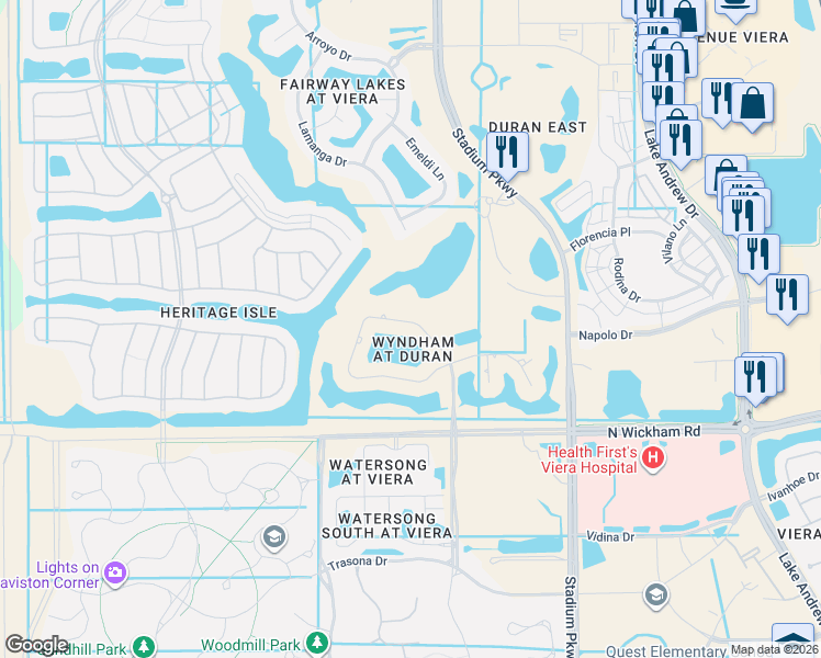 map of restaurants, bars, coffee shops, grocery stores, and more near 2868 Wyndham Way in Melbourne
