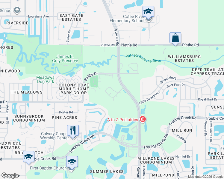 map of restaurants, bars, coffee shops, grocery stores, and more near 7220 Broadmoor Drive in New Port Richey