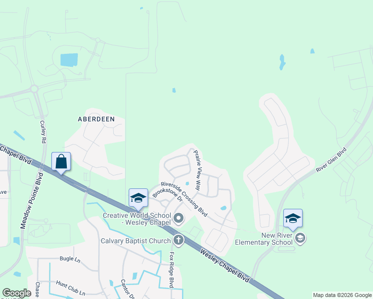 map of restaurants, bars, coffee shops, grocery stores, and more near 5250 Prairie View Way in Wesley Chapel