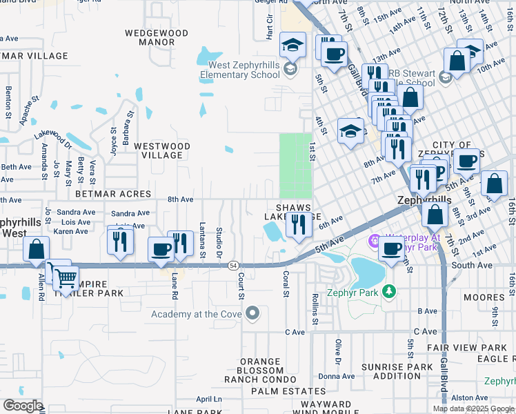 map of restaurants, bars, coffee shops, grocery stores, and more near 5136 Shady Rest Lane in Zephyrhills