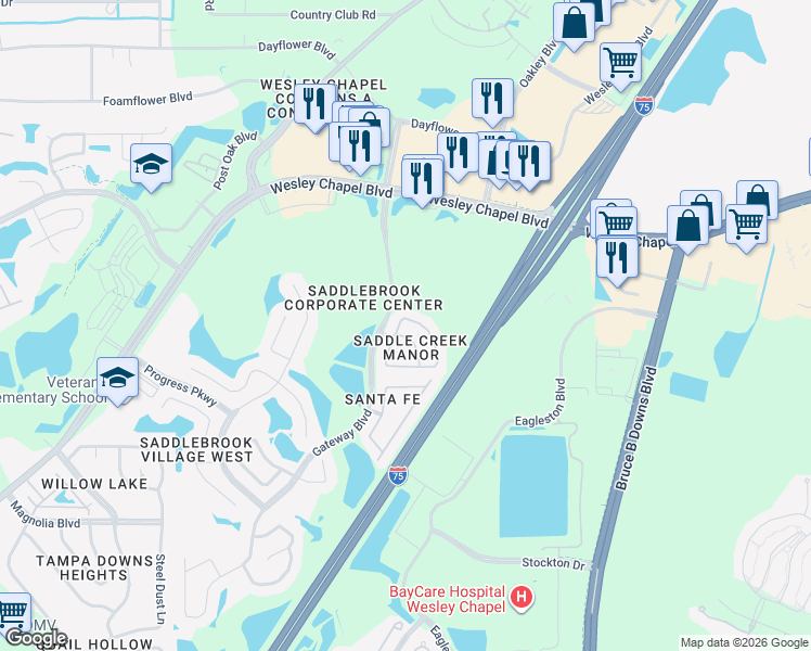 map of restaurants, bars, coffee shops, grocery stores, and more near 5236 Blue Roan Way in Wesley Chapel