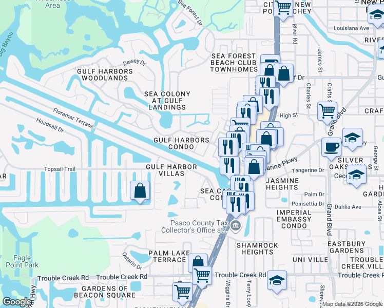 map of restaurants, bars, coffee shops, grocery stores, and more near 4812 Jasper Drive in New Port Richey