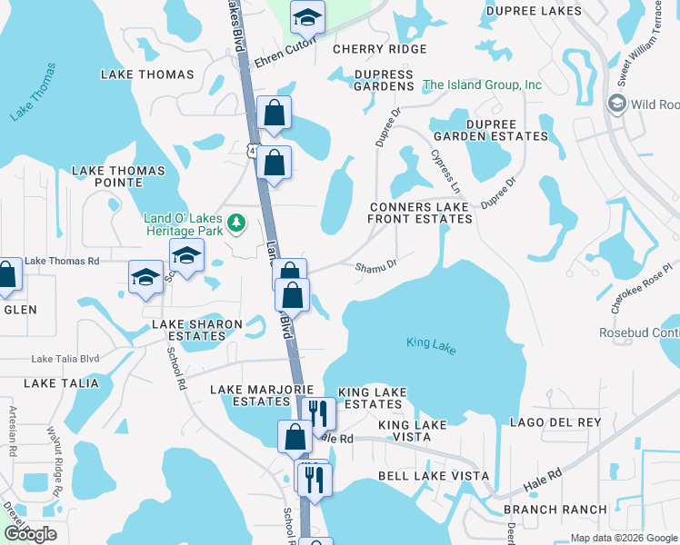 map of restaurants, bars, coffee shops, grocery stores, and more near 21823 Shamu Drive in Land O' Lakes