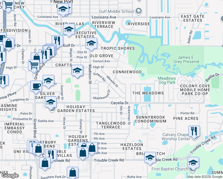 map of restaurants, bars, coffee shops, grocery stores, and more near 6145 Maplewood Drive in New Port Richey
