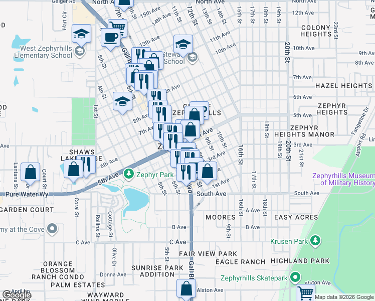 map of restaurants, bars, coffee shops, grocery stores, and more near 5206 7th Street in Zephyrhills