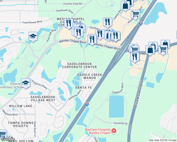 map of restaurants, bars, coffee shops, grocery stores, and more near 27542 Pleasure Ride Loop in Wesley Chapel