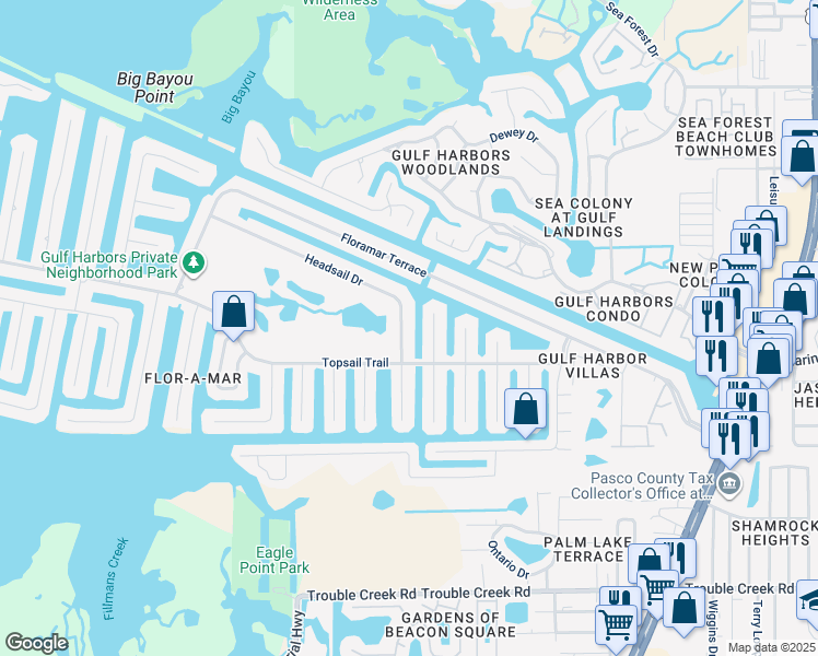 map of restaurants, bars, coffee shops, grocery stores, and more near 4233 Headsail Drive in New Port Richey