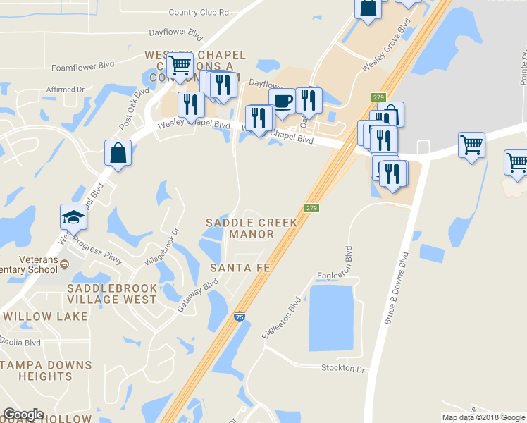 map of restaurants, bars, coffee shops, grocery stores, and more near 27613 Pleasure Ride Loop in Wesley Chapel