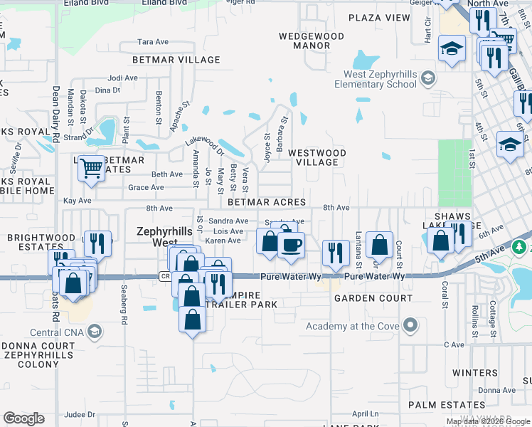 map of restaurants, bars, coffee shops, grocery stores, and more near 37247 Sandra Avenue in Zephyrhills