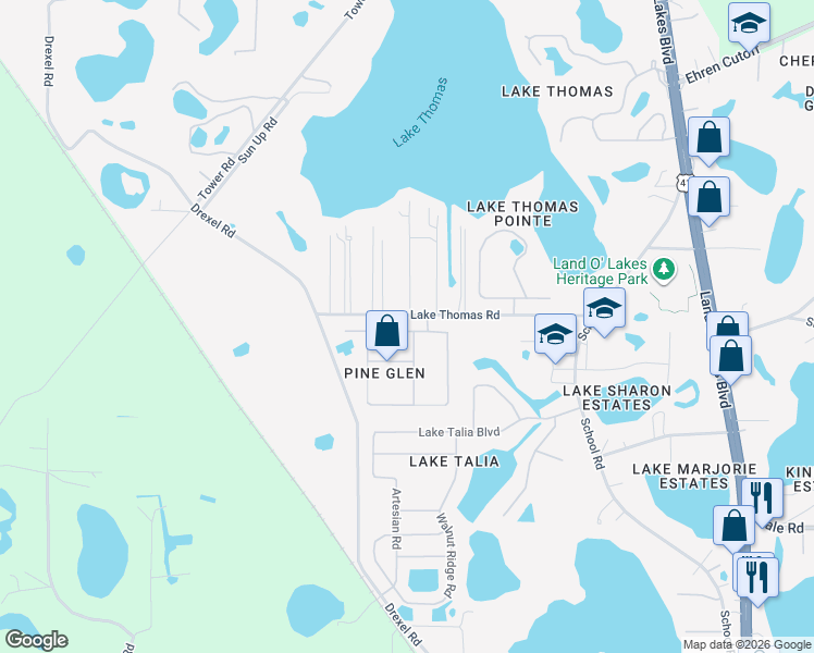 map of restaurants, bars, coffee shops, grocery stores, and more near 20835 Riverforest Drive in Land O' Lakes