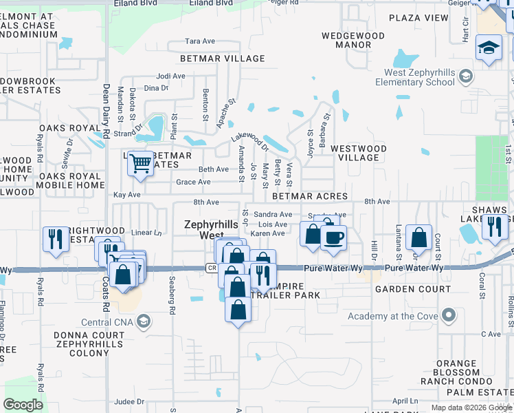 map of restaurants, bars, coffee shops, grocery stores, and more near 37036 8th Avenue in Zephyrhills